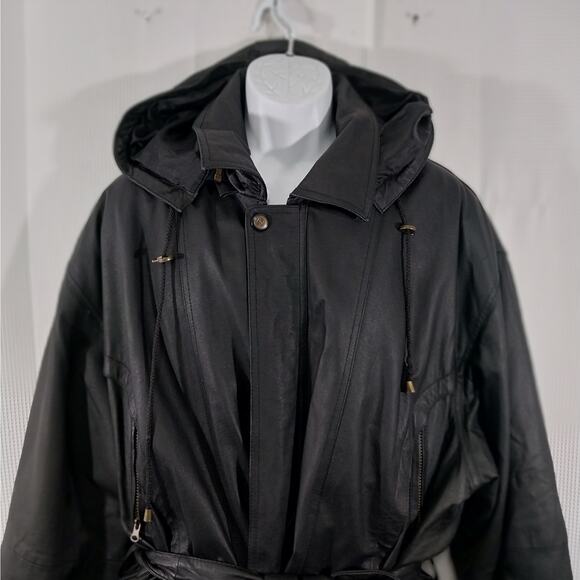 PRESTIGE LEATHER! BLACK GENUINE LEATHER BELTED WAIST HOODIE COAT, JACKET! SZ 2XL - Picture 5 of 15